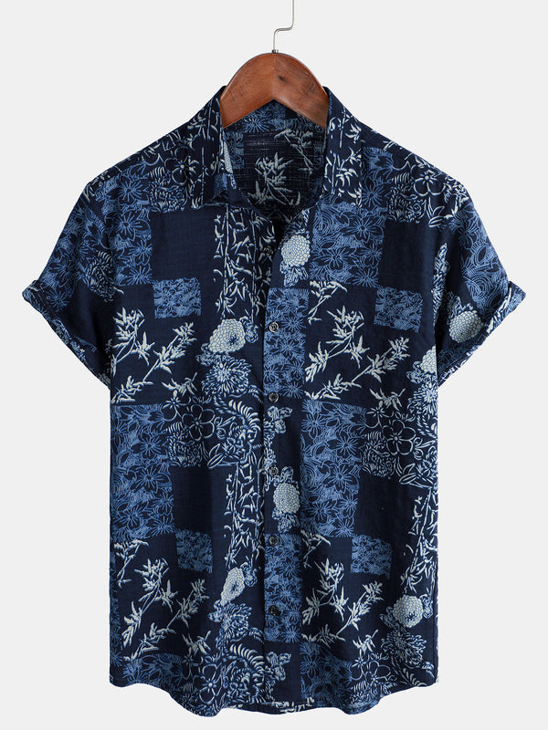 Men's Summer Short-Sleeved Shirt In Retro Style With Floral Pattern In Navy Blue