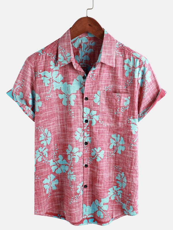 Men's Vintage Floral Hawaiian Shirt Short Sleeve Button Down Beach Tropical Red
