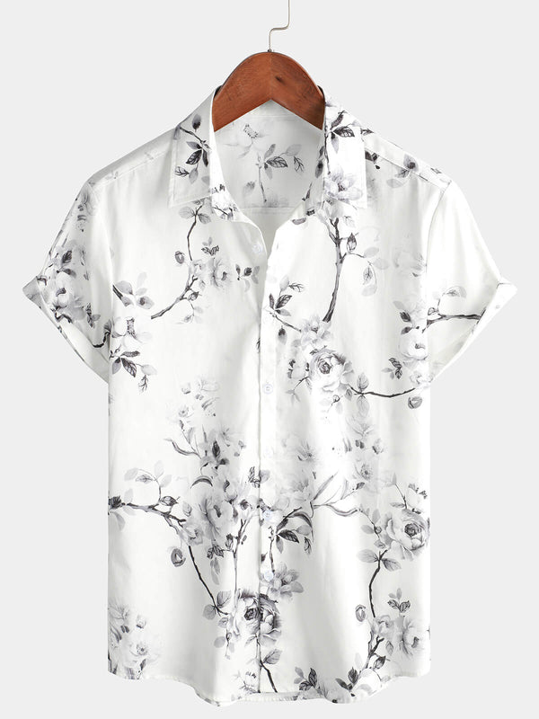 Men's White Floral Hawaiian Beach Shirt