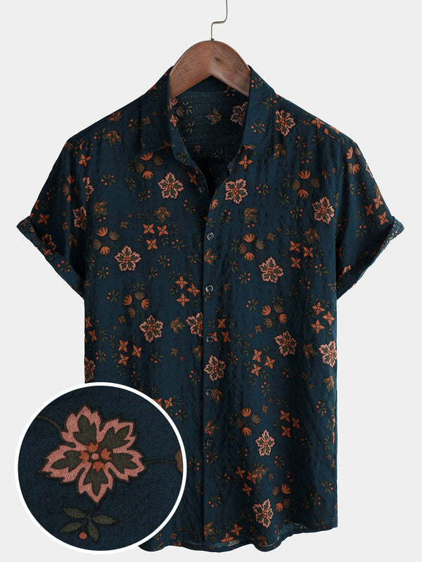Men's Navy Blue Short-Sleeved Cotton Shirt With Summer Floral Print